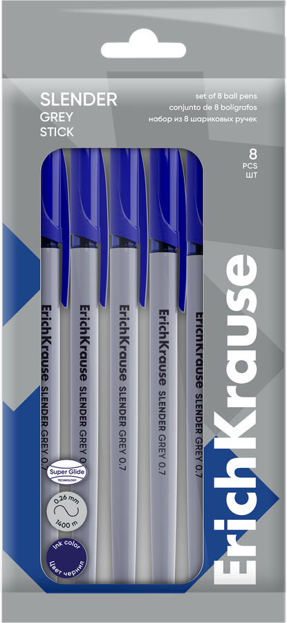 Набор шариковых ручек ERICHKRAUSE Slender Stick Grey 0.7, синий, 8шт